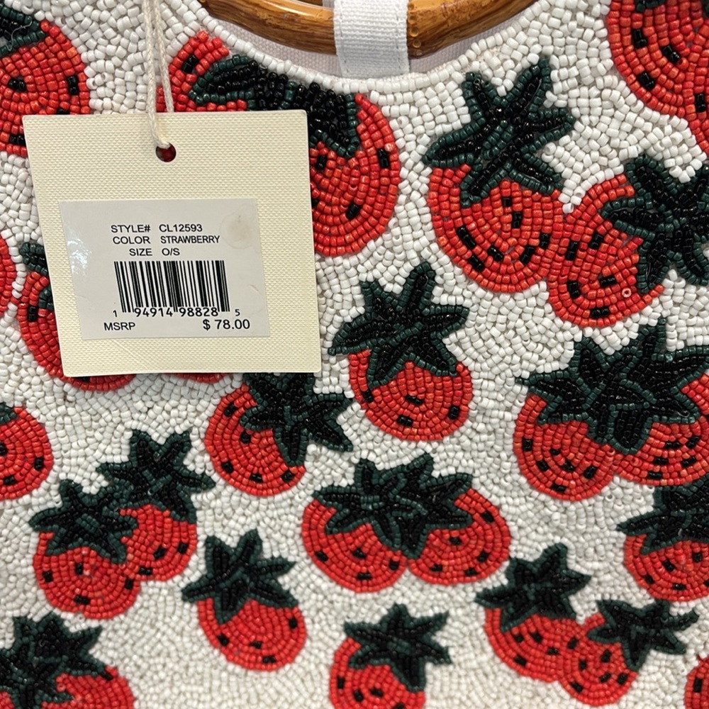 Sol and Mer beaded White and Red strawberry Embroidered Tote crossbody Bag - Picture 5 of 11